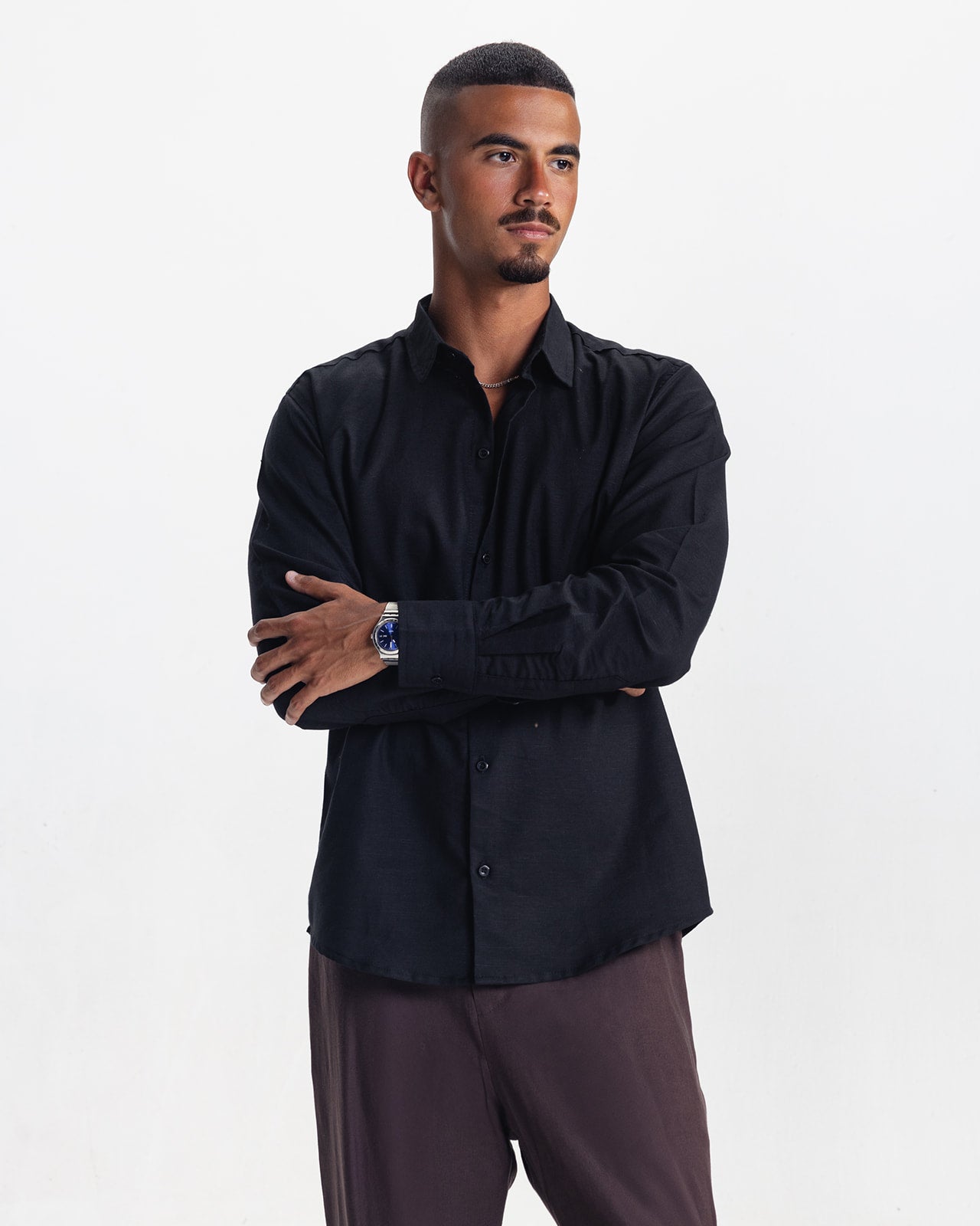 LONG SLEEVE LINEN SHIRT - BLACK
