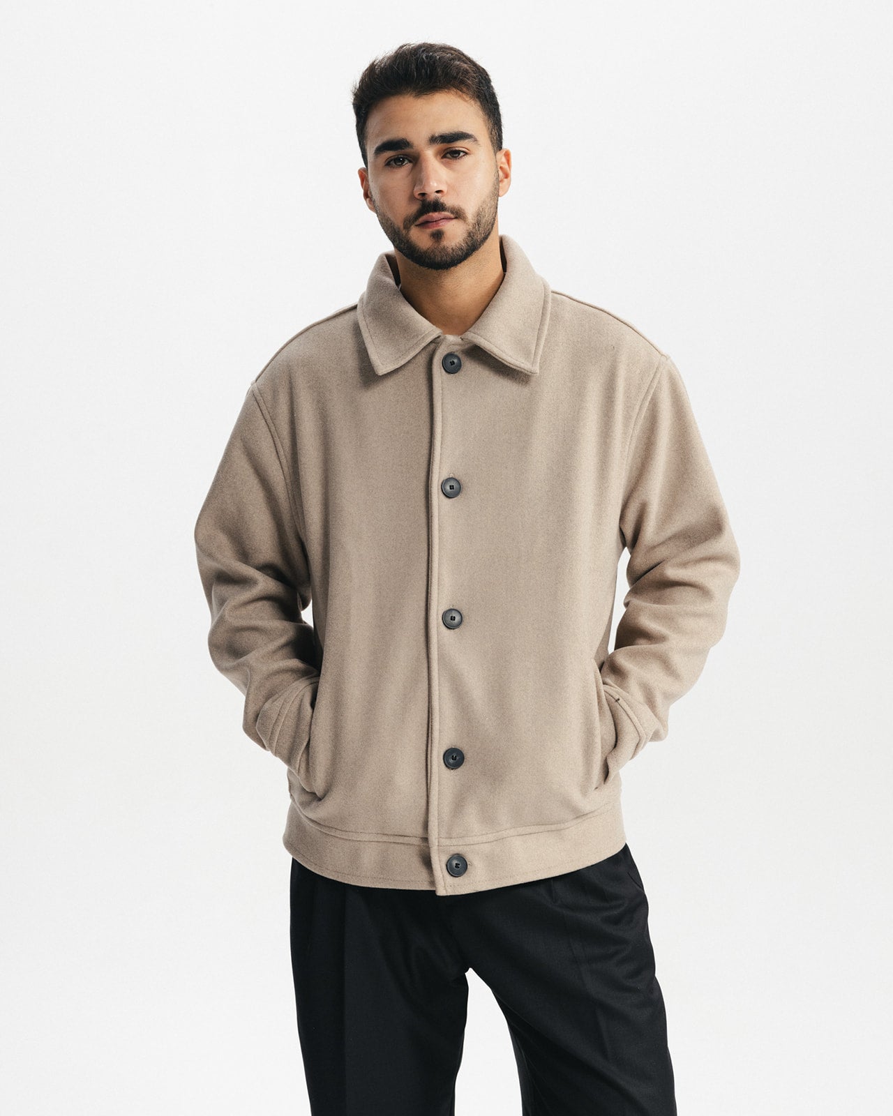 BRUSHED WOOL BUTTONED JACKET - TAUPE BEIGE