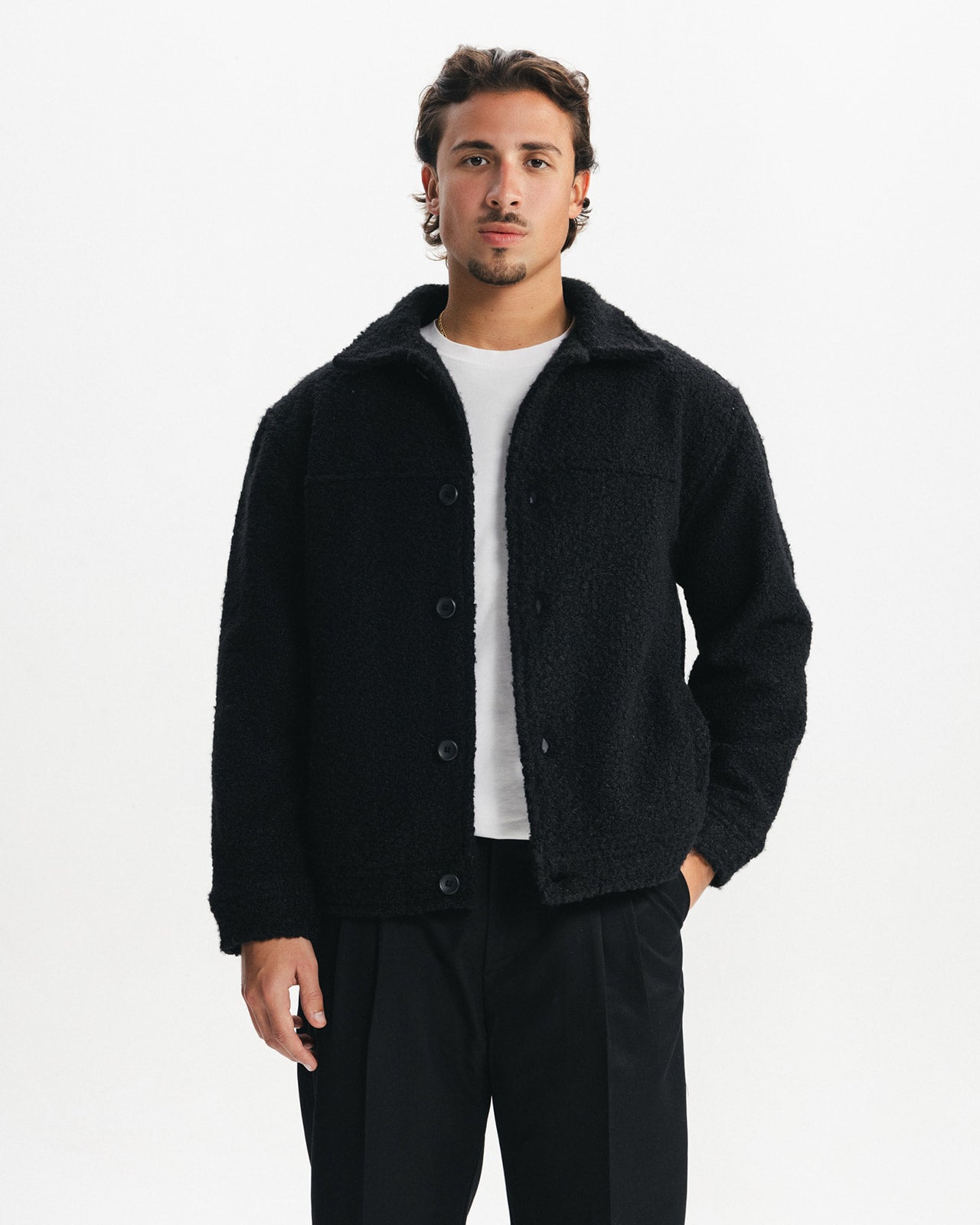 BOUCLÉ WOOL BUTTONED JACKET - BLACK