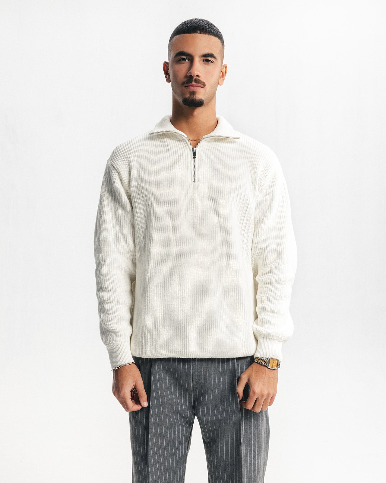 PURL KNIT QUARTER-ZIP - WHITE