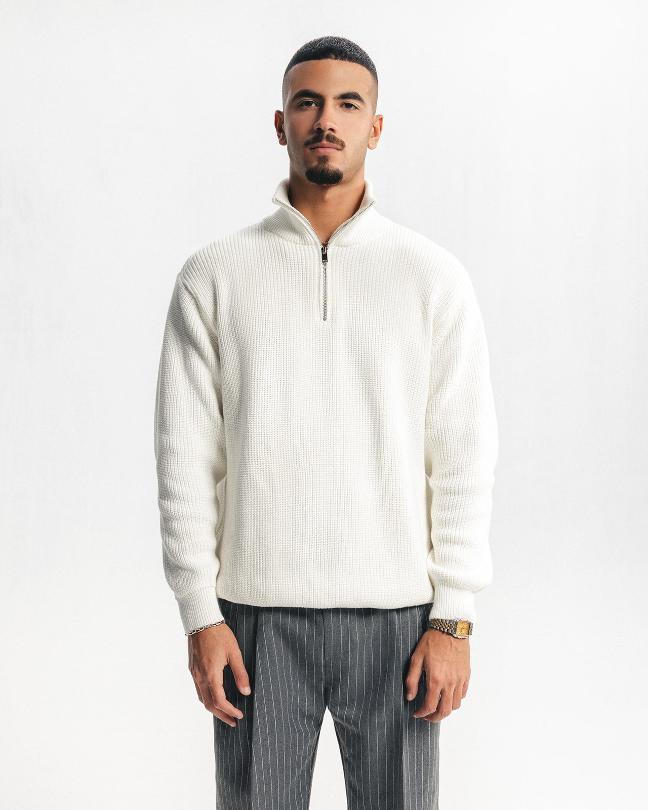PURL KNIT QUARTER-ZIP - WHITE