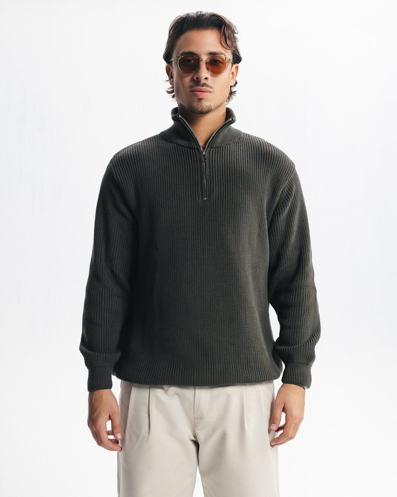 PURL KNIT QUARTER-ZIP - OLIVE