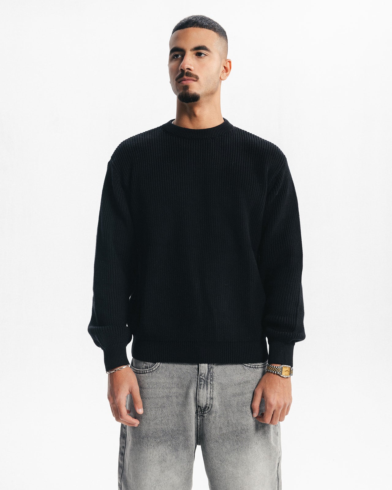 PURL KNIT CREWNECK - BLACK