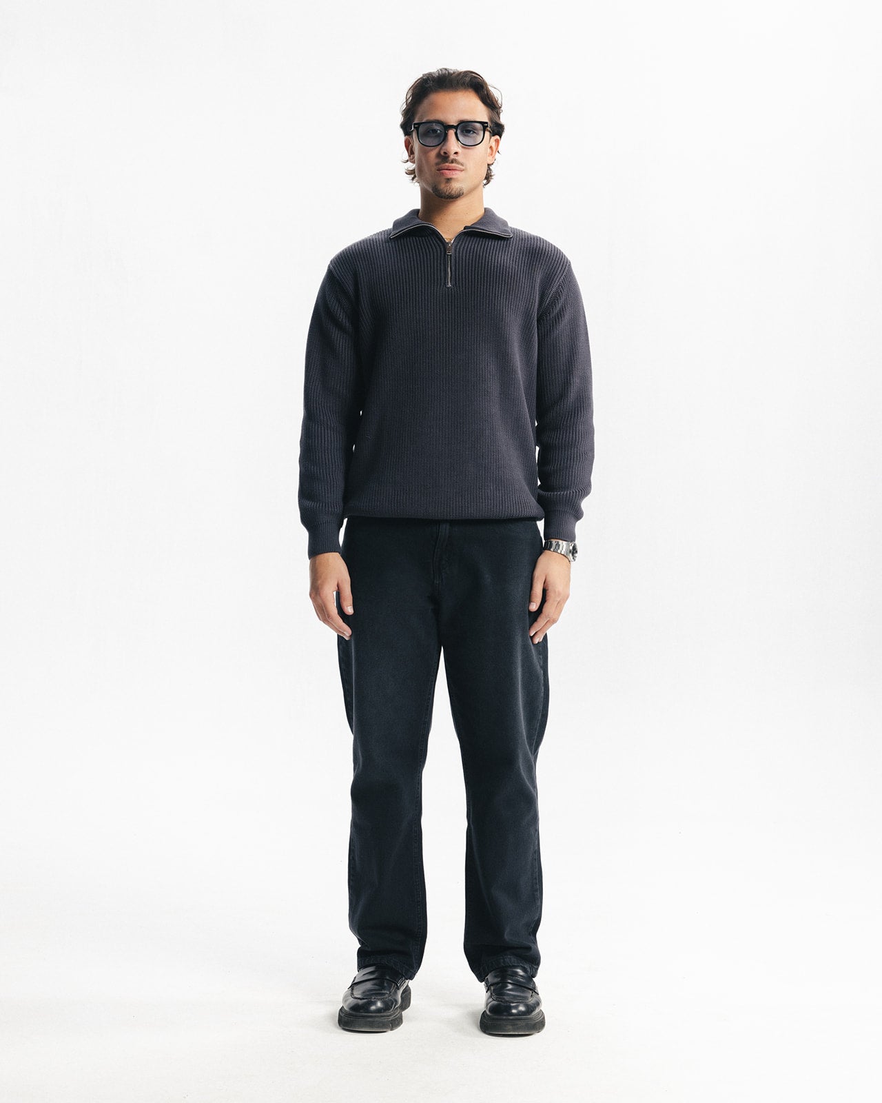 PURL KNIT QUARTER-ZIP - GREY