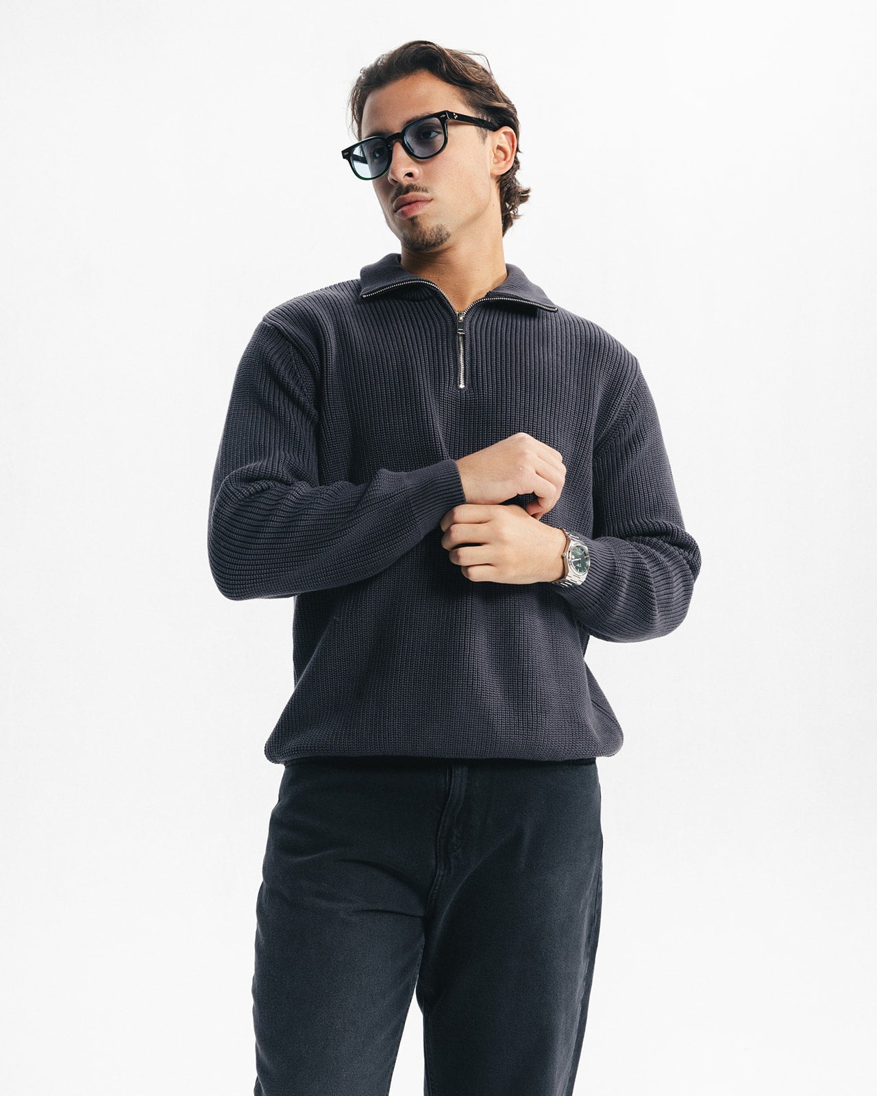 PURL KNIT QUARTER-ZIP - GREY