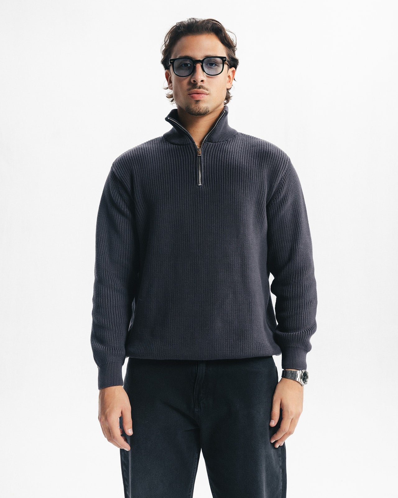 PURL KNIT QUARTER-ZIP - GREY
