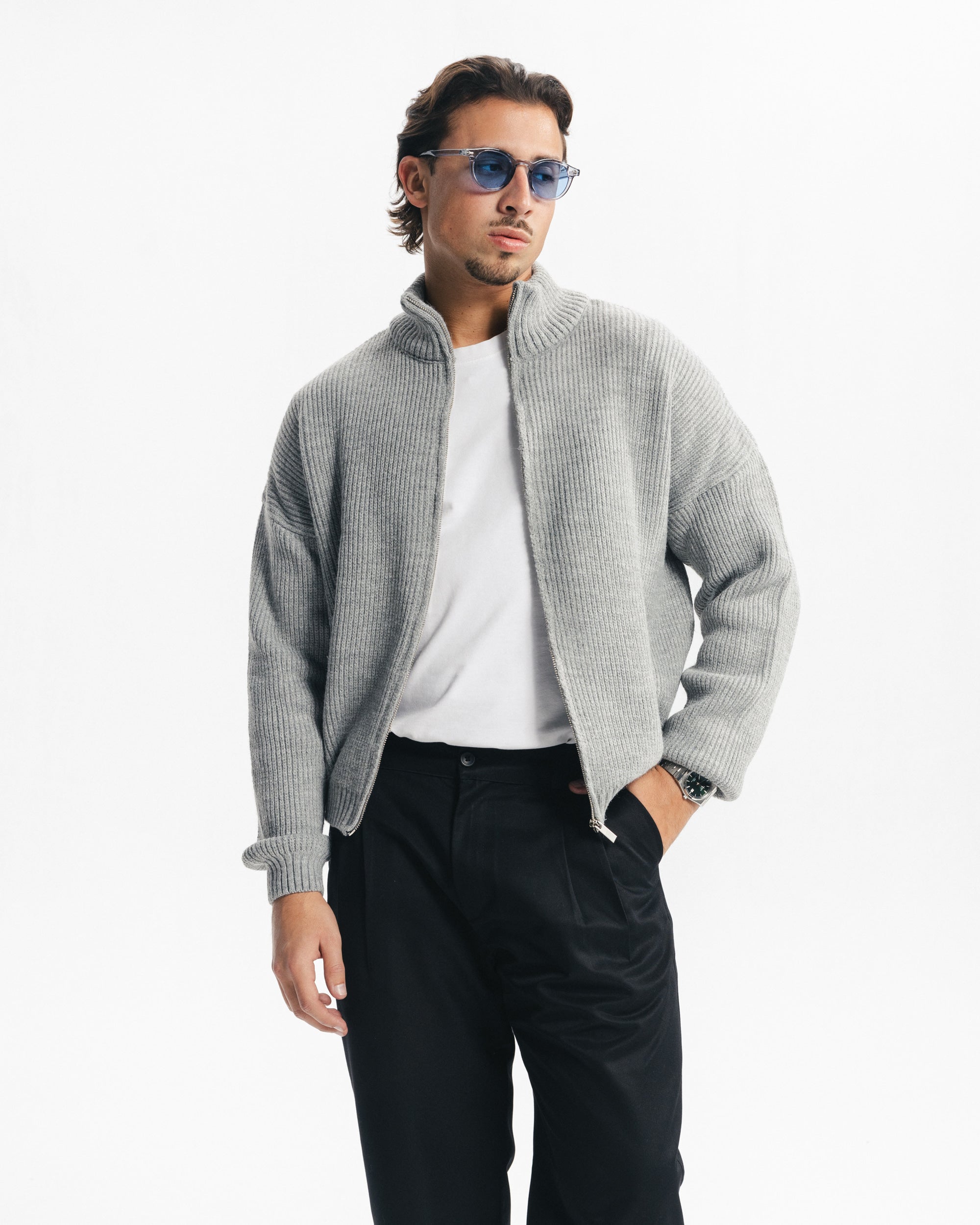 MARINO ZIP-UP CARDIGAN - GREY