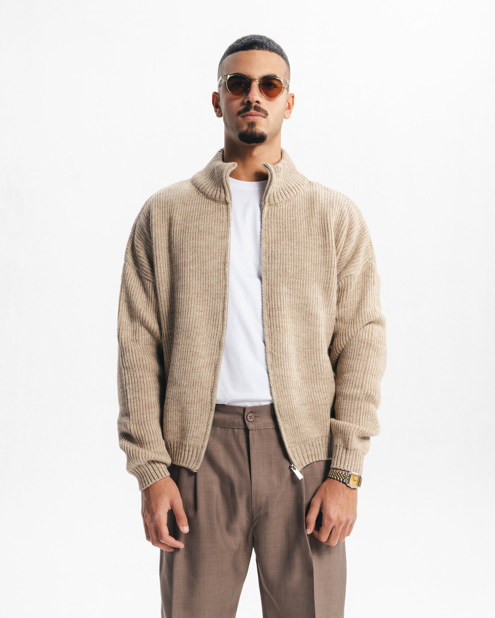 MARINO ZIP-UP CARDIGAN - BEIGE