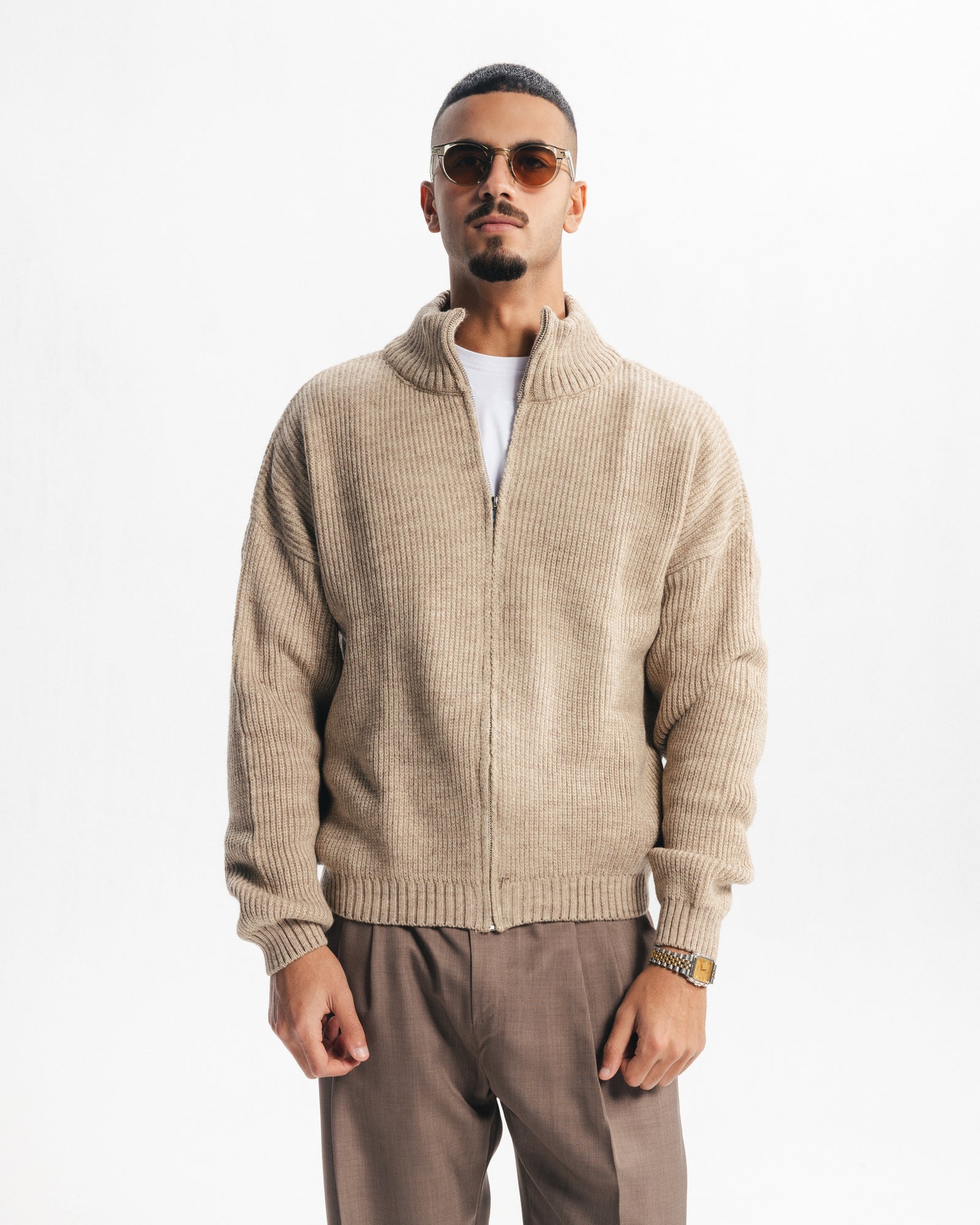 MARINO ZIP-UP CARDIGAN - BEIGE