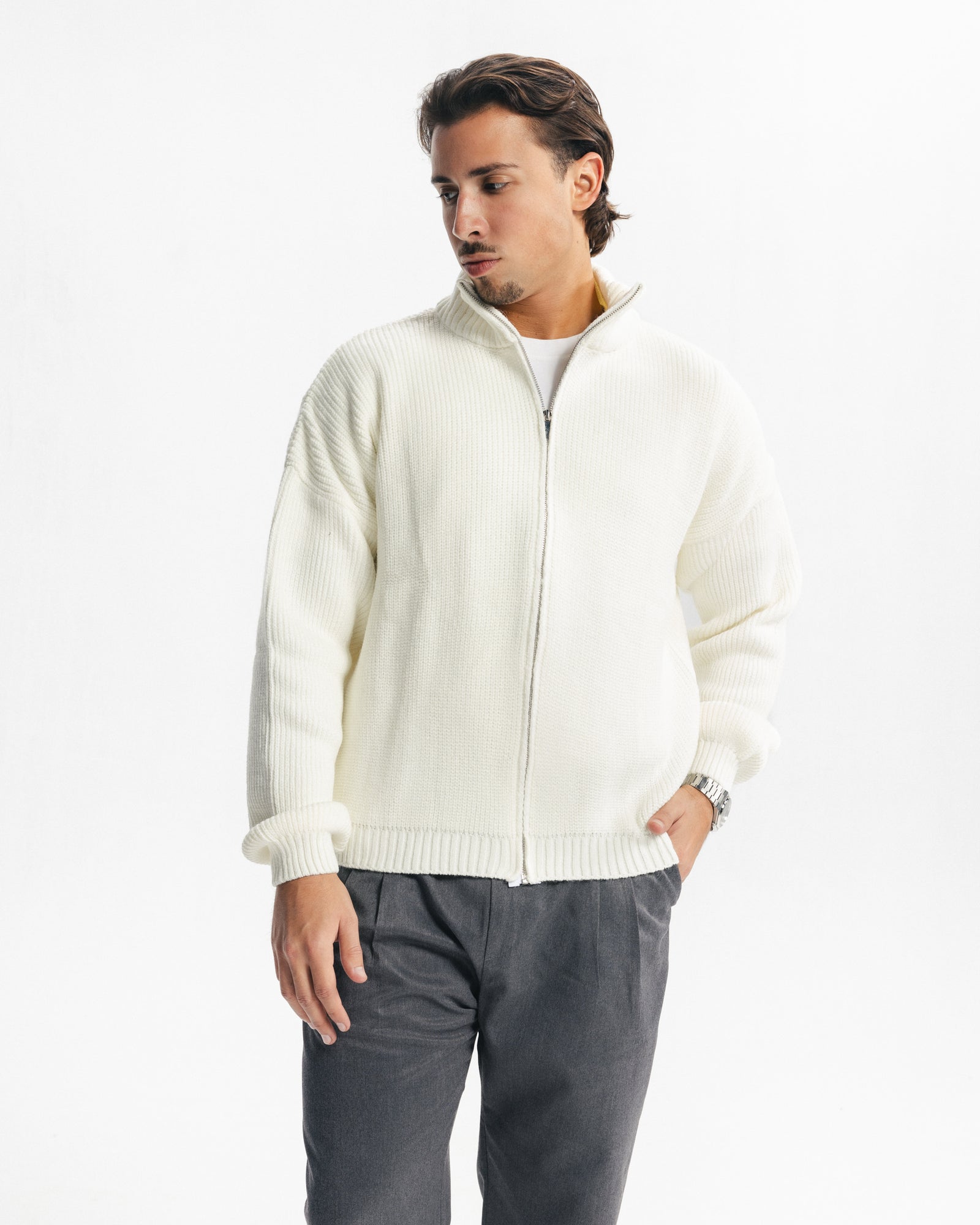 MARINO ZIP-UP CARDIGAN - WHITE