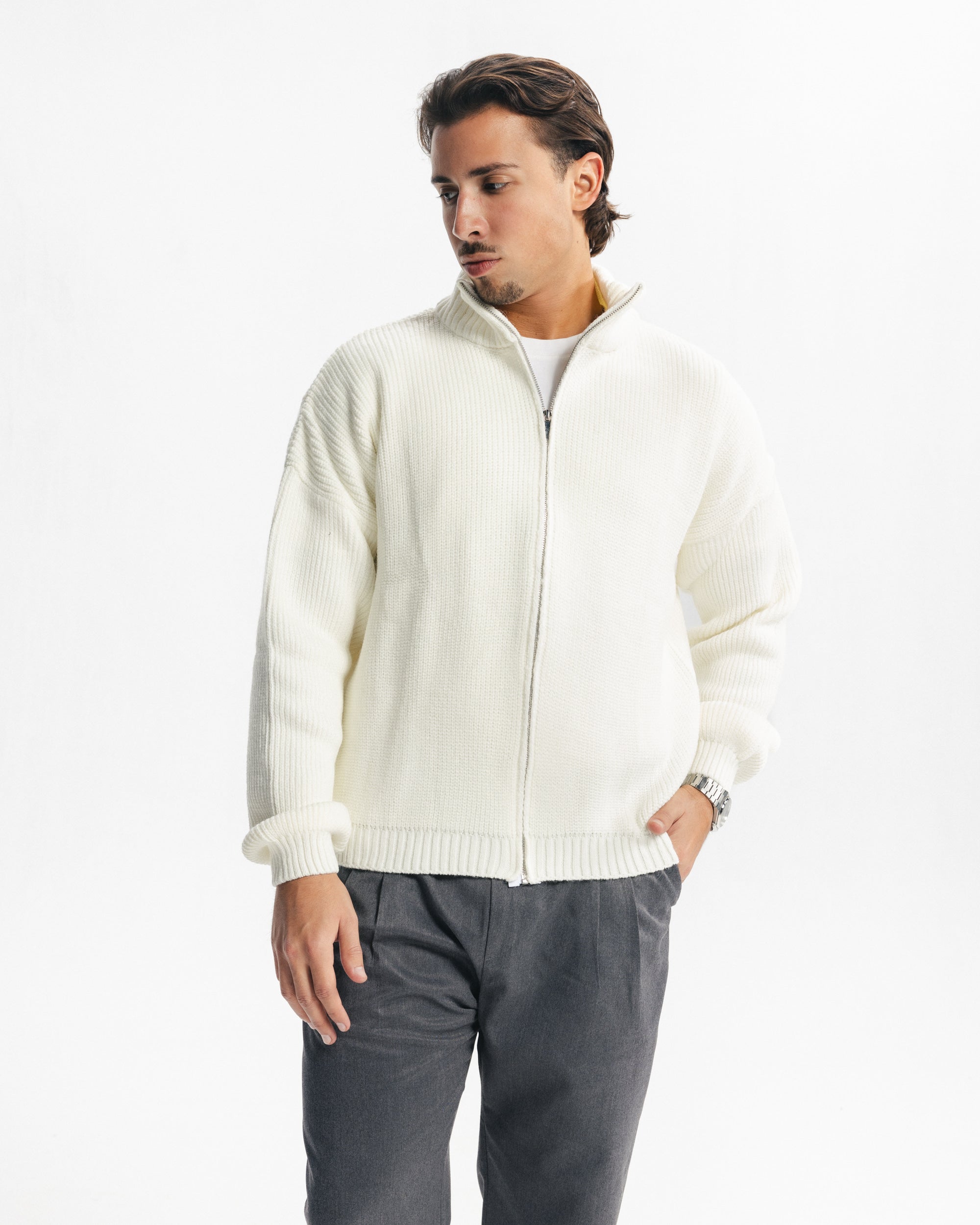 MARINO ZIP-UP CARDIGAN - WHITE