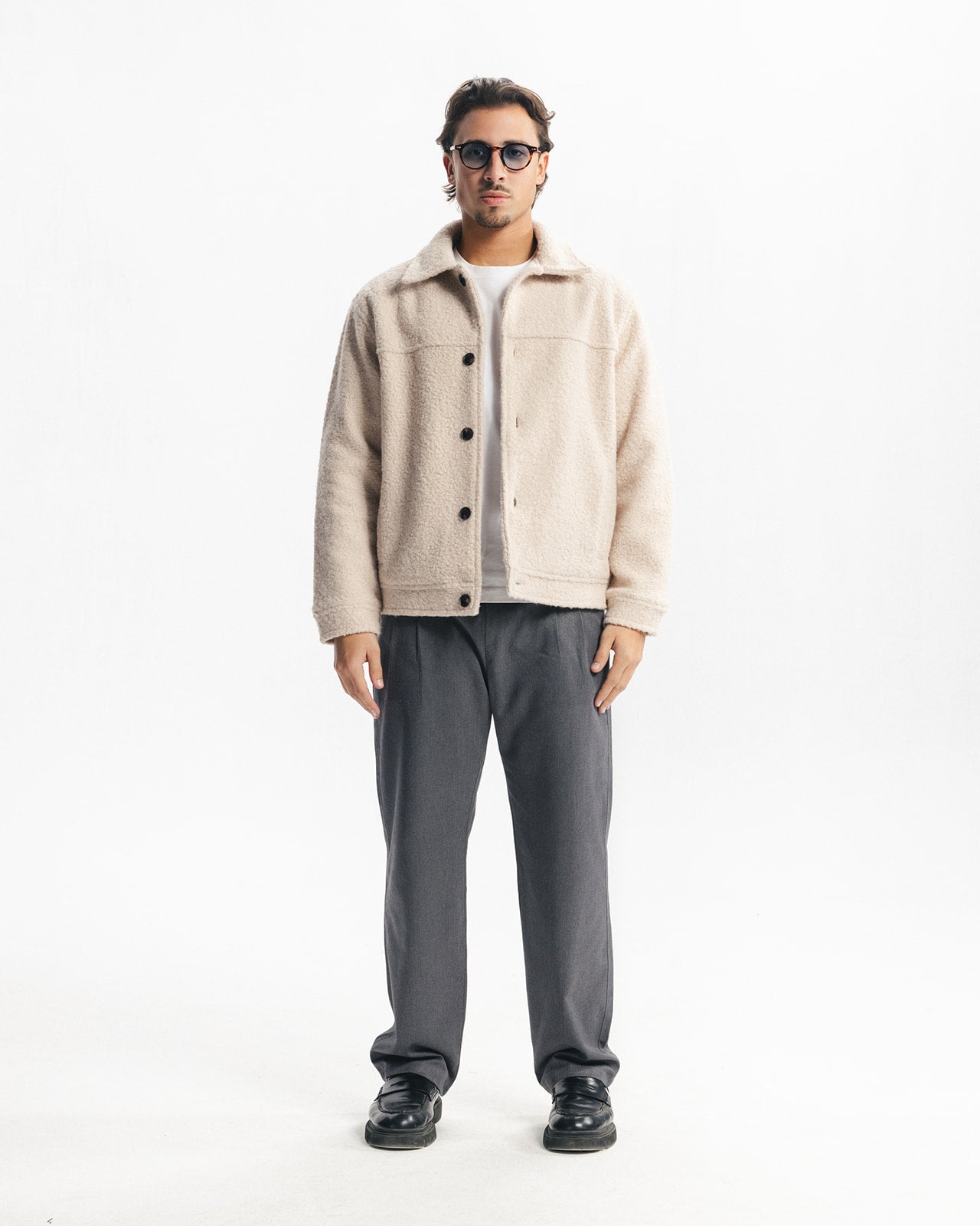 BOUCLÉ WOOL BUTTONED JACKET - BEIGE