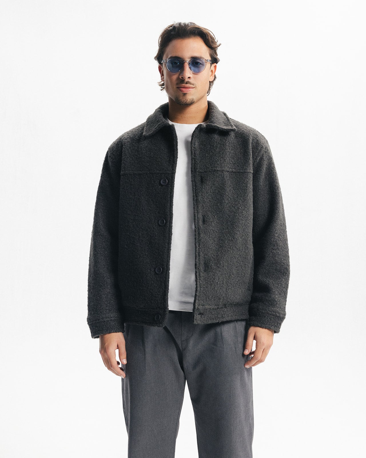 BOUCLÉ WOOL BUTTONED JACKET - GREY