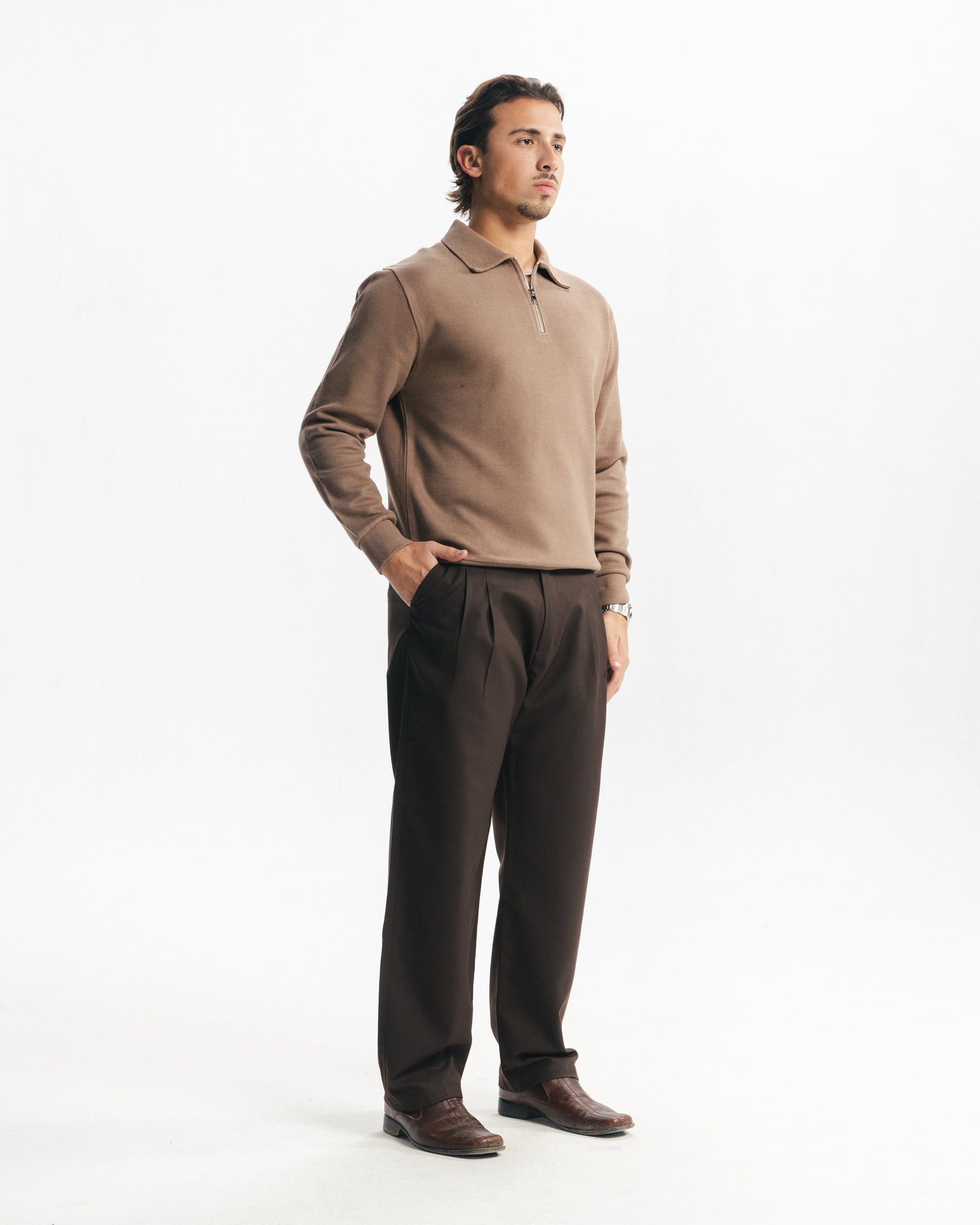 MILANO ZIP SWEATER - LIGHT BROWN