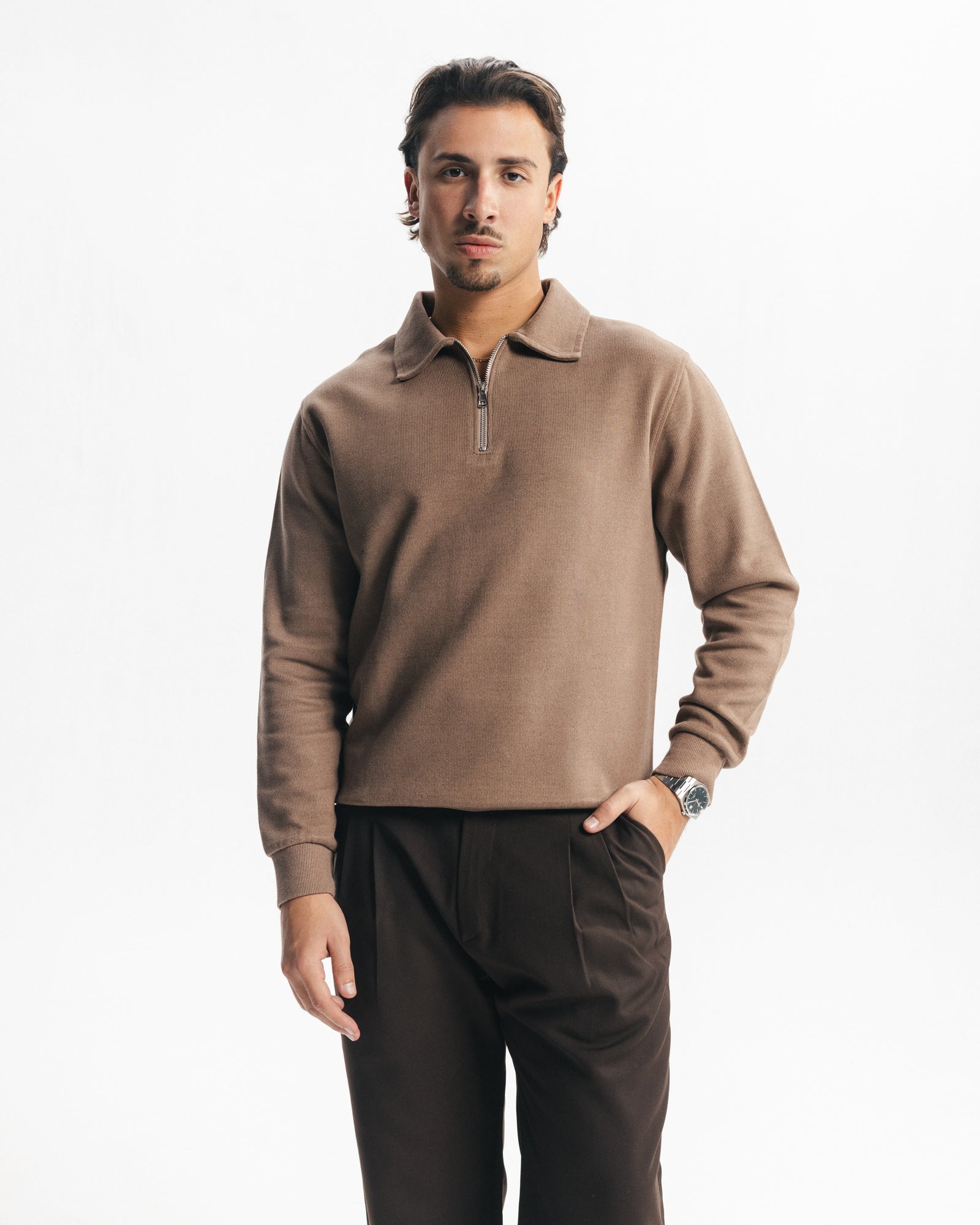 MILANO ZIP SWEATER - LIGHT BROWN