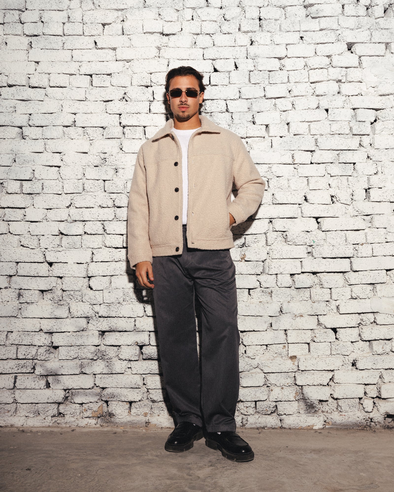 BOUCLÉ WOOL BUTTONED JACKET - BEIGE