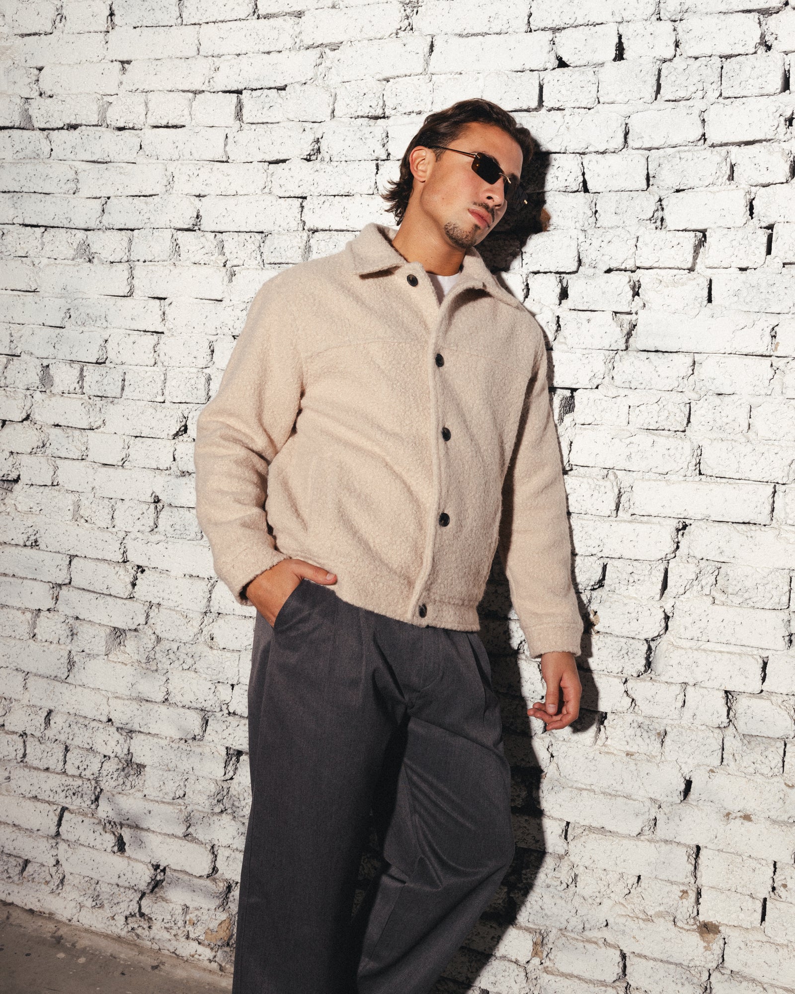 BOUCLÉ WOOL BUTTONED JACKET - BEIGE