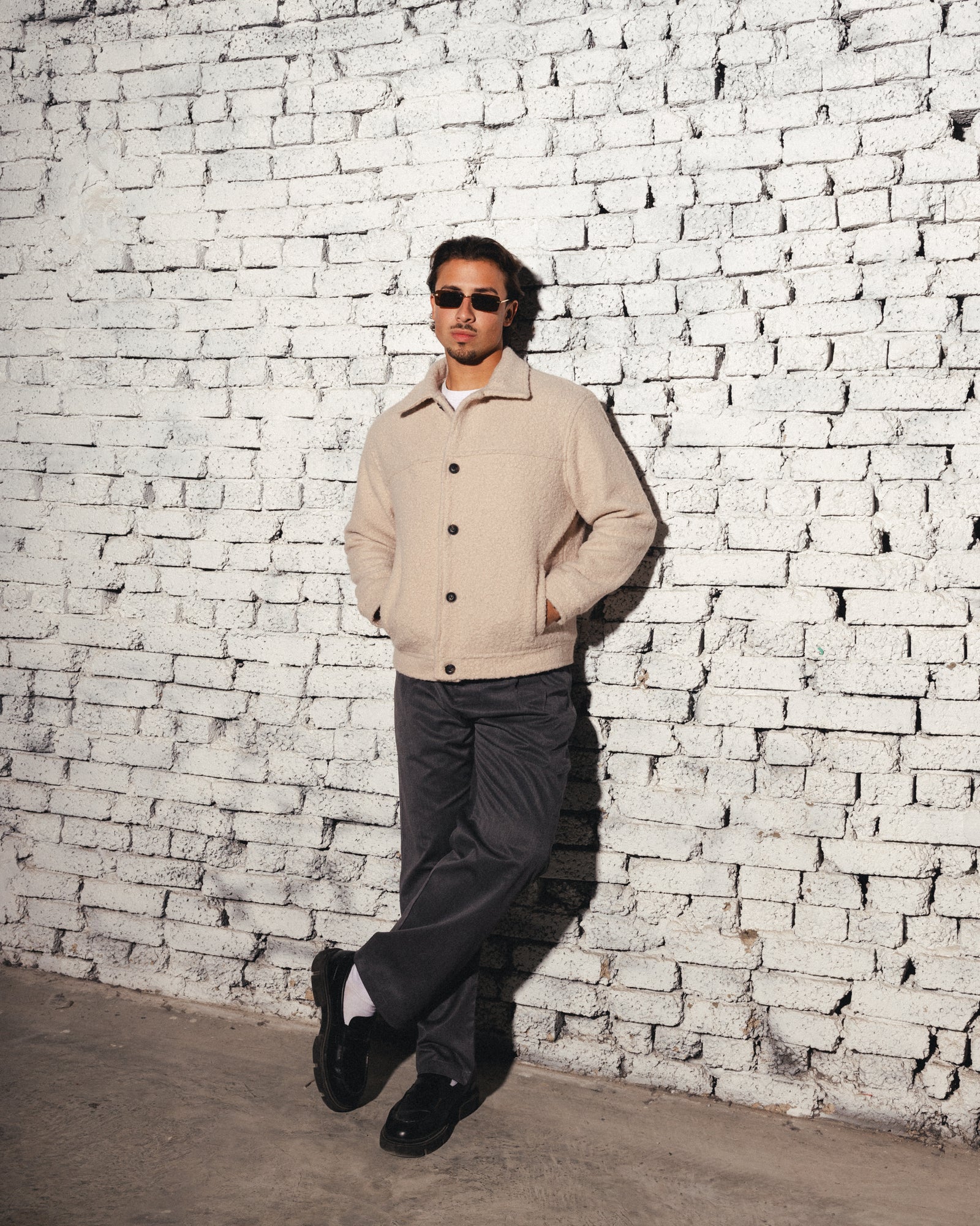 BOUCLÉ WOOL BUTTONED JACKET - BEIGE