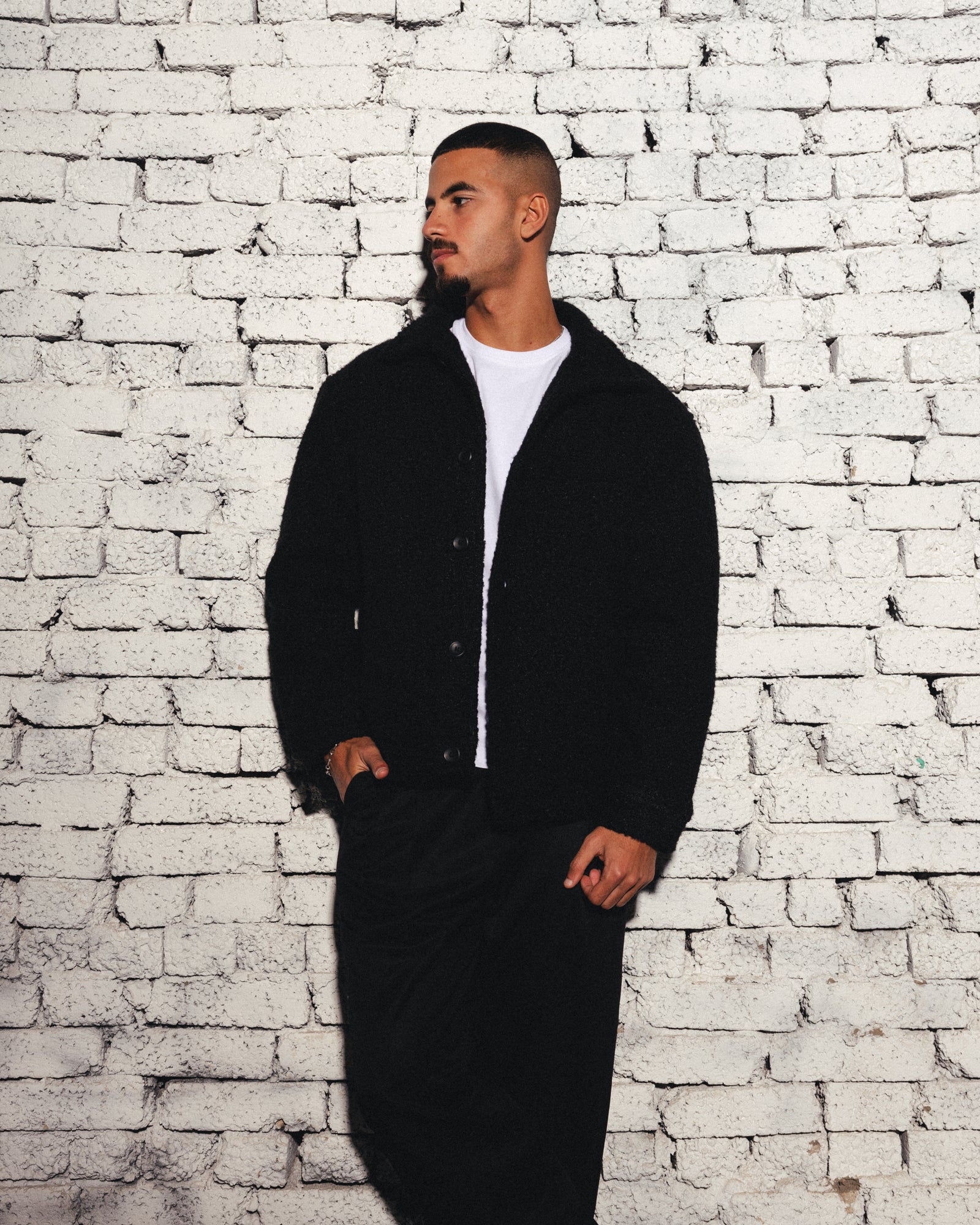 BOUCLÉ WOOL BUTTONED JACKET - BLACK