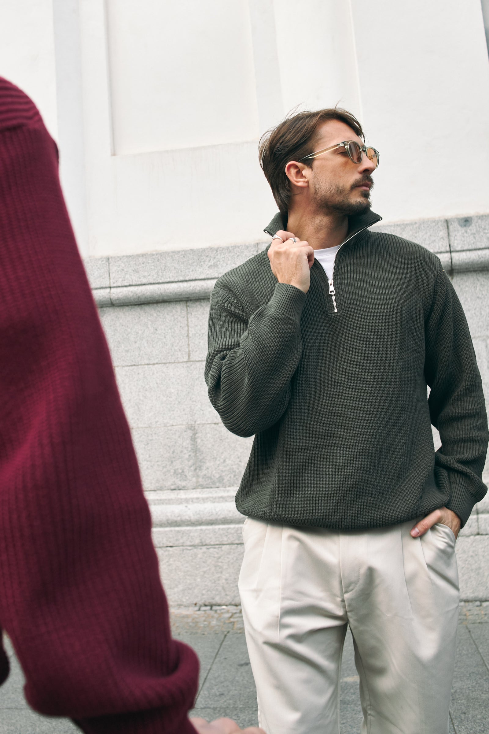 PURL KNIT QUARTER-ZIP - OLIVE