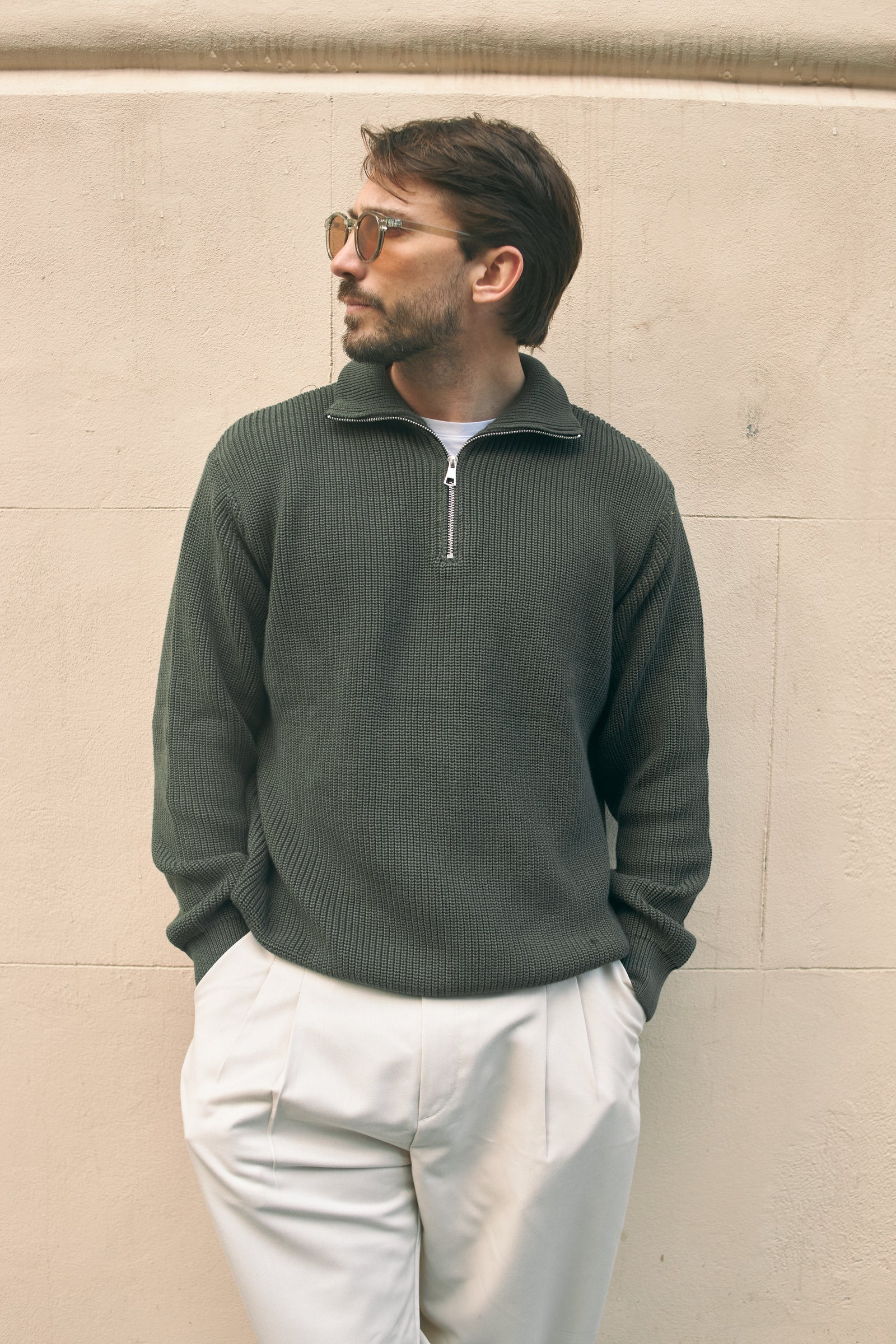 PURL KNIT QUARTER-ZIP - OLIVE