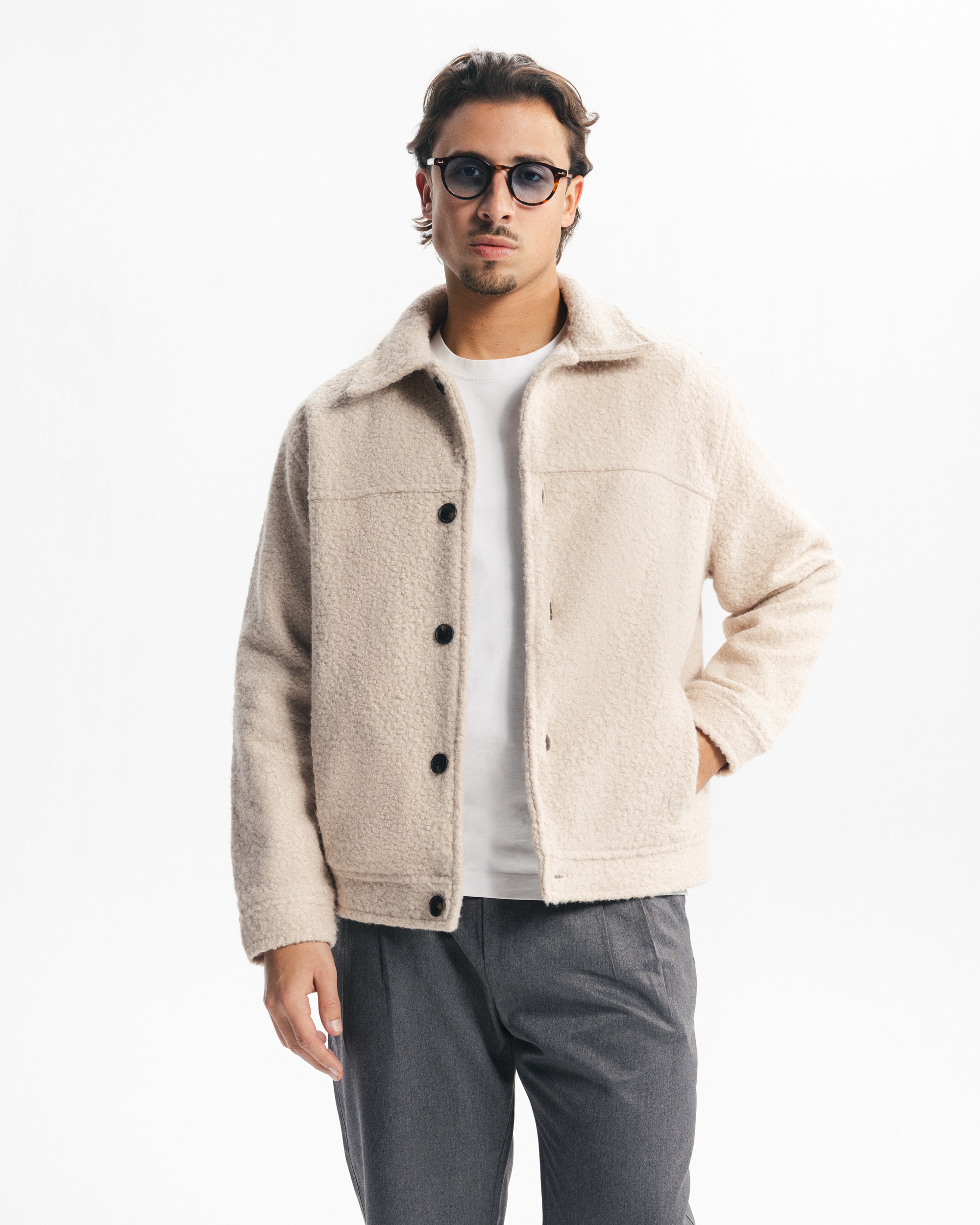 BOUCLÉ WOOL BUTTONED JACKET - BEIGE