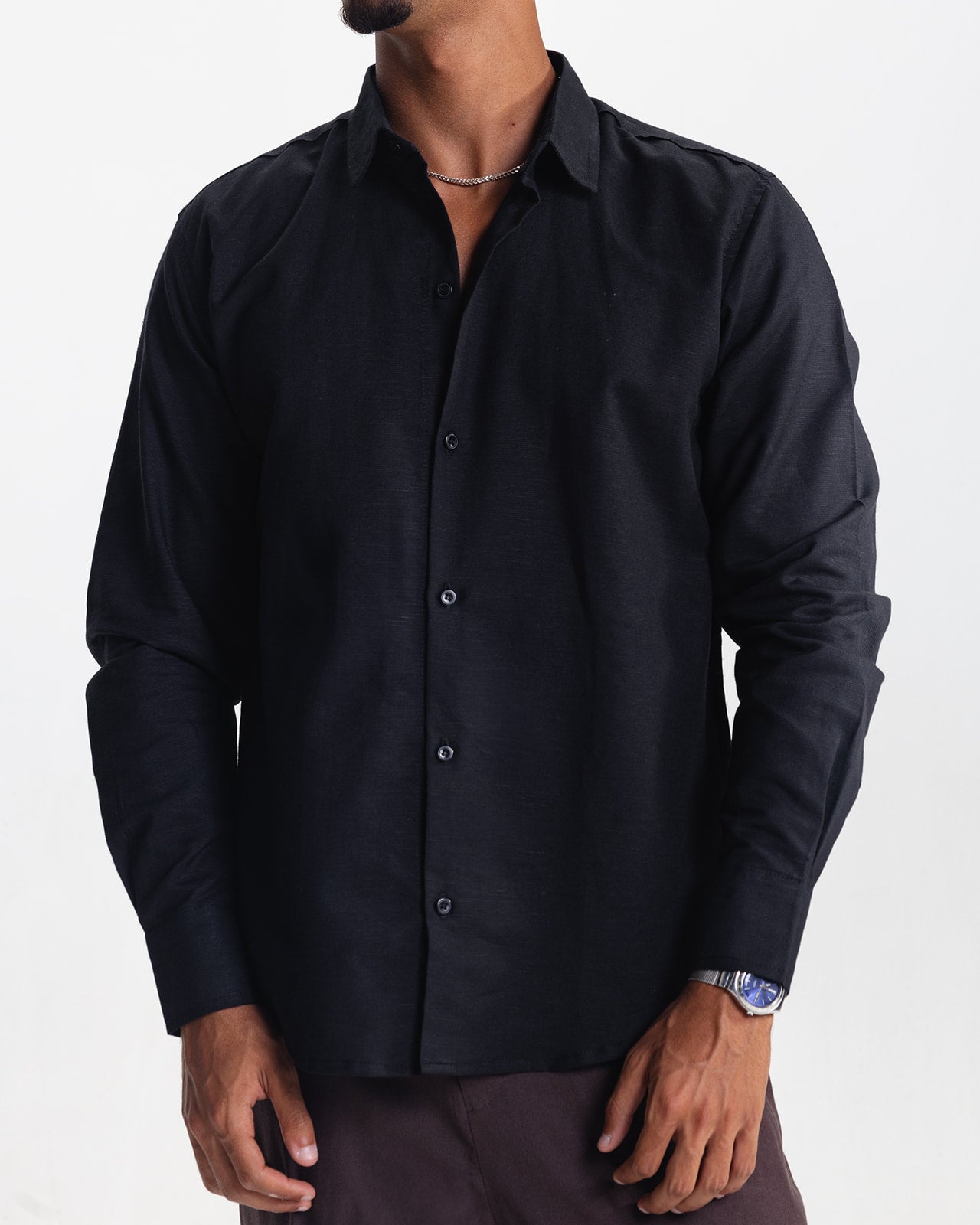 LONG SLEEVE LINEN SHIRT - BLACK