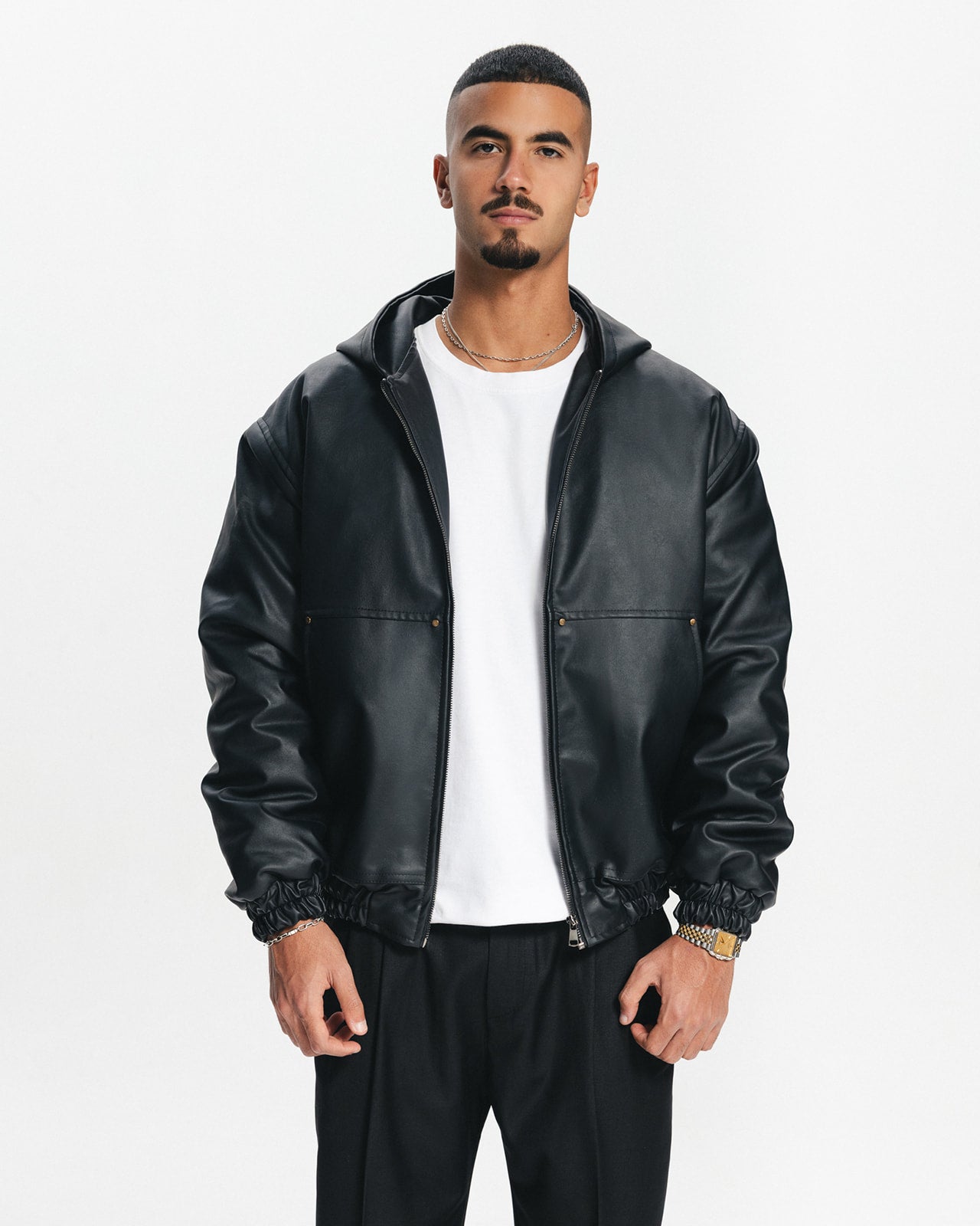 THE GRAND HOODED LEATHER JACKET - BLACK