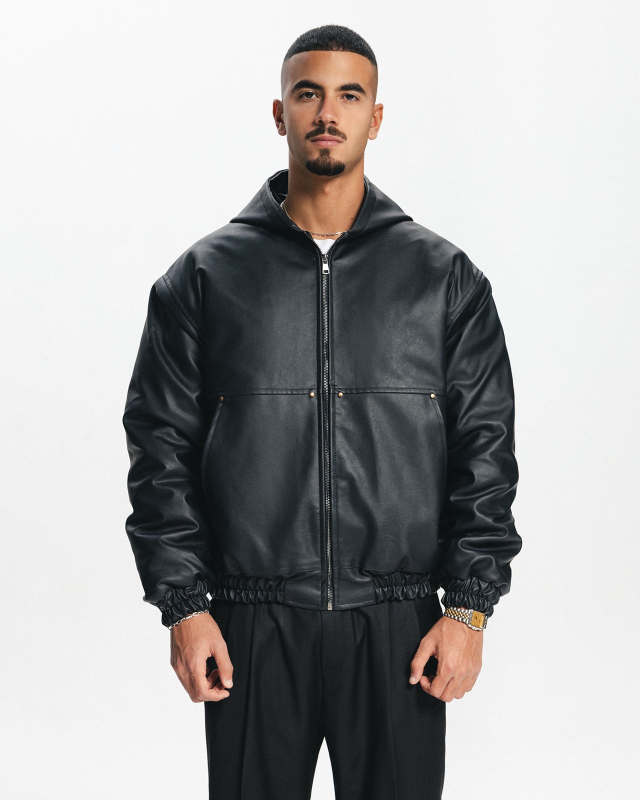 THE GRAND HOODED LEATHER JACKET - BLACK