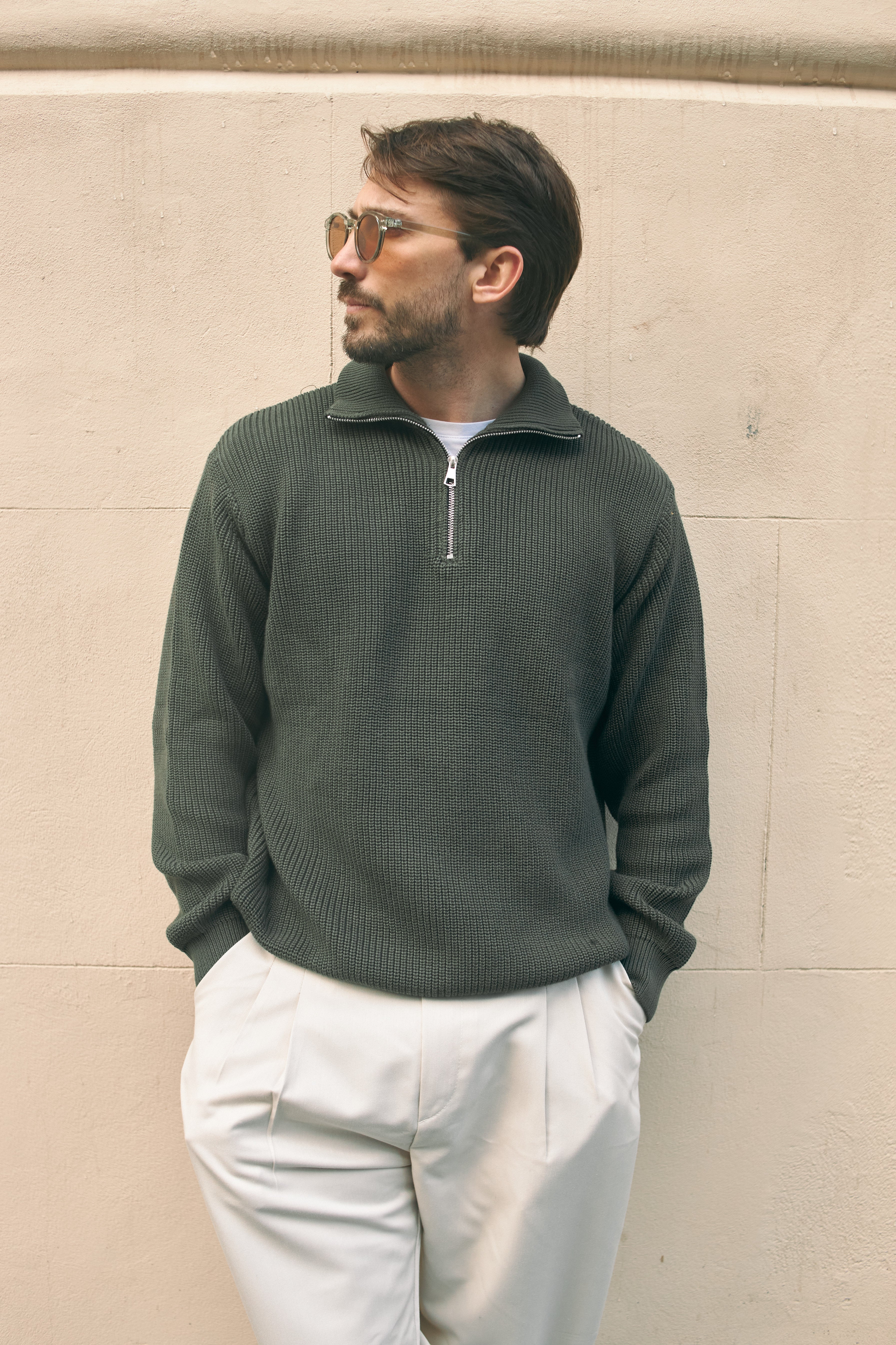 PURL KNIT QUARTER-ZIP - OLIVE